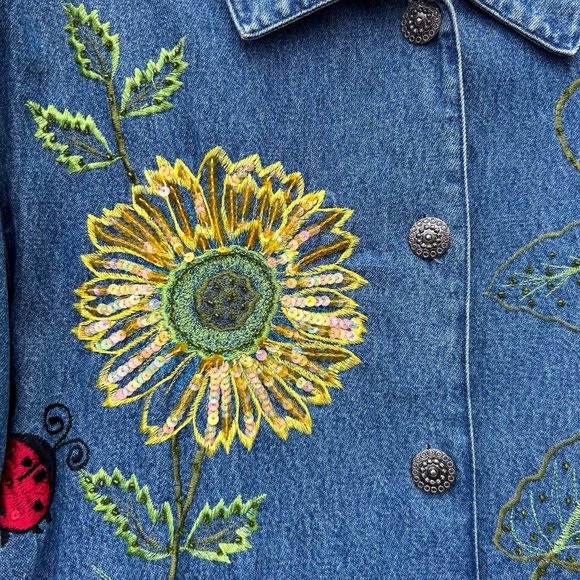 Tantrums Denim Jacket Embroidered Floral Sequin Button Up Medium - Picture 4 of 9